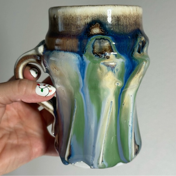 VINTAGE PHIL MAYHEW Blue Green Hand Thrown Drip Glaze Twist Pottery Coffee Mug - Picture 15 of 15